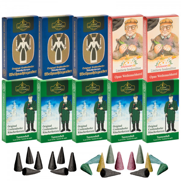 Original Crottendorfer Räucherkerzen Weihnachtsfreude - 10 Schachteln - 3x Weihnachtszauber, 5x Tannenduft, 2x Opas Weihrauchkerzl