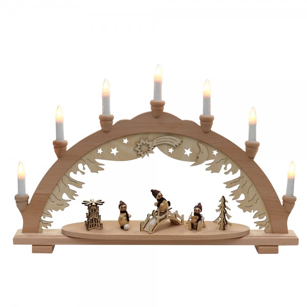Restposten - Holz Schwibbogen mit 3 Schneemannfiguren & Brücke & Pyramide (Premiumholz) 9 x 57 x 38 cm 230 V Kabel, 7 flammig, SPK