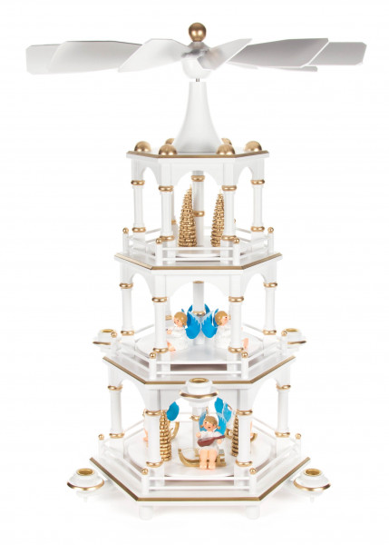 Dregeno Erzgebirge - Pyramide mit Engeln weiß, 3-stöckig, für Kerzen Ø 14 mm