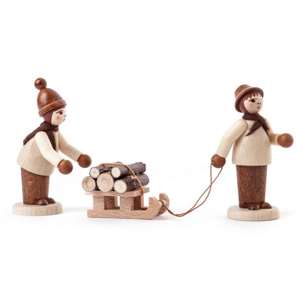 Dregeno Erzgebirge - Miniatur-Waldleute mit Schlitten, natur, 3-teilig