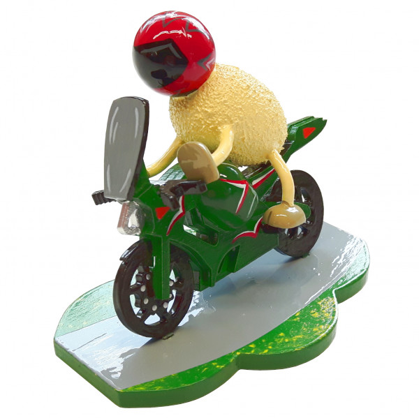 Schaf "Racy", mit grünem Motorrad