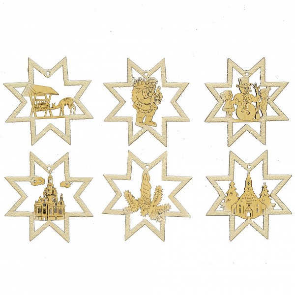 HELA Holzkunst - Baumbehang Stern mit Glimmer 6er Set