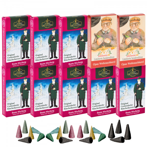 Original Crottendorfer Räucherkerzen Bunte Mischung - 10 Schachteln - 8x Bunte Mischung, 2x Opas Weihrauchkerzl