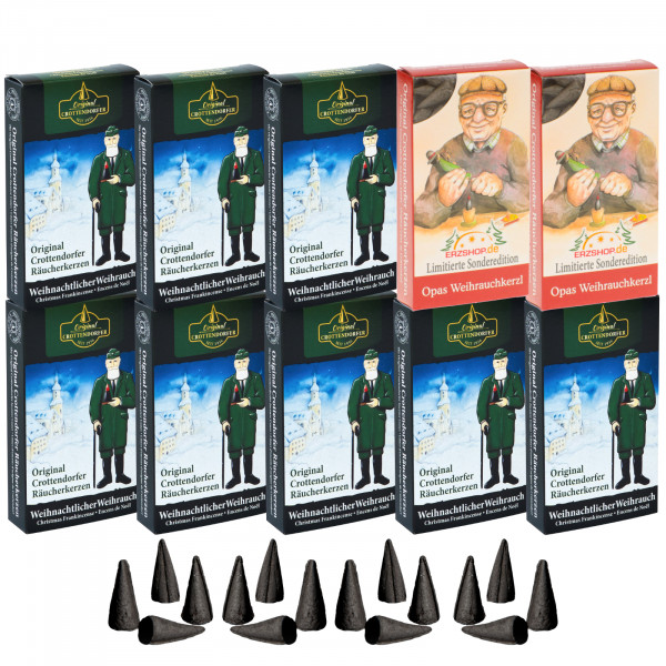 Original Crottendorfer Räucherkerzen Weihrauch - 10 Schachteln - 8x Weihnachtlicher Weihrauch, 2x Opas Weihrauchkerzl