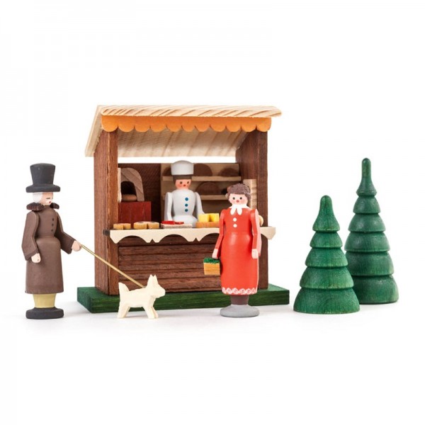 Dregeno Erzgebirge - Miniatur-Bäckerbude mit 3 Figuren und 2 Bäumchen