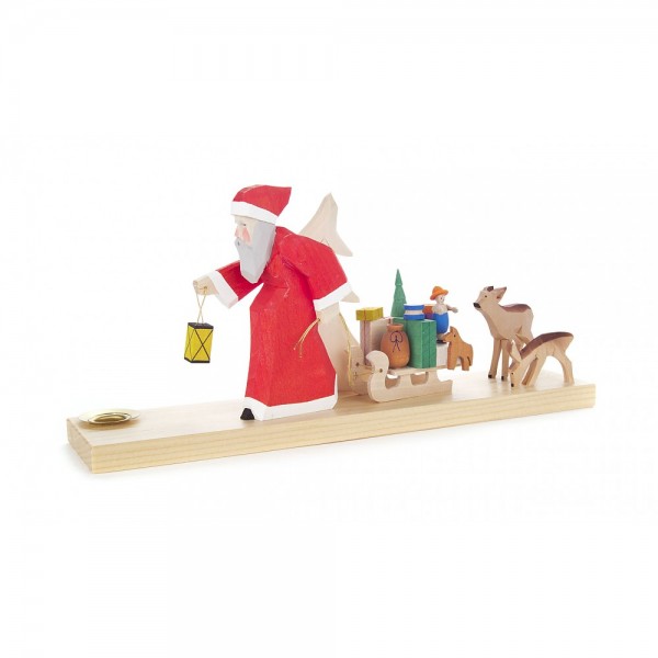 Dregeno Erzgebirge - Schnitzerei mit Lichtertülle - Weihnachtsmann mit Schlitten und Rehen - 12cm