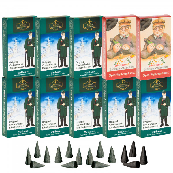Original Crottendorfer Räucherkerzen Waldmoos - 10 Schachteln - 8x Waldmoos, 2x Opas Weihrauchkerzl