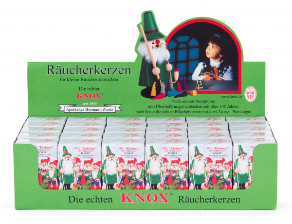 Dregeno Erzgebirge - Verkaufsdisplay KNOX Mini-Räucherkerzen Bunte Mischung, 30 Schachteln à 24 Stück