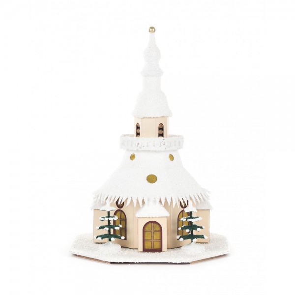 Dregeno Erzgebirge - Lichterhaus Seiffener Kirche klein aus Pappe, elektrisch beleuchtet - 26cm