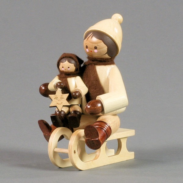 Dregeno Erzgebirge - Miniatur Schlittenfahrer mit Kind, natur - 11cm