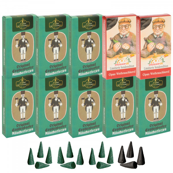 Original Crottendorfer Räucherkerzen Nostalgie Tannenduft - 10 Schachteln - 8x Nostalie Edition Tannenduft, 2x Opas Weihrauchkerzl