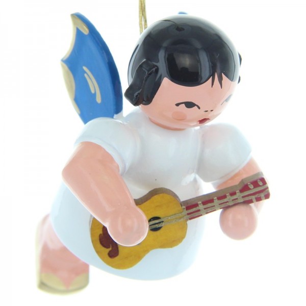 Uhlig Schwebeengel mit Ukulele, blaue Flügel, handbemalt