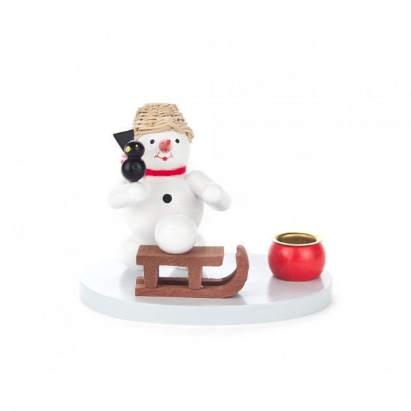 Dregeno Erzgebirge - Kerzenhalter mit Schneemann und Schlitten - 7cm