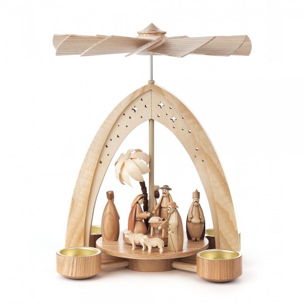 Dregeno Erzgebirge - Pyramide klein mit Christi Geburt, Figuren natur, für Teelichter - 27cm