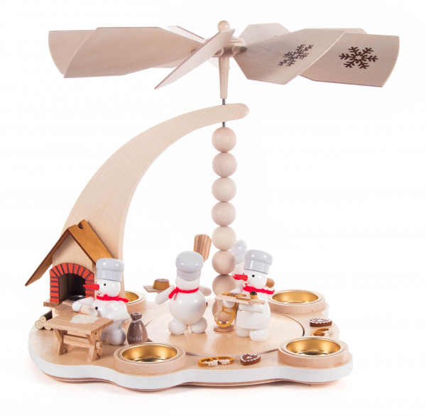 Dregeno Erzgebirge - Pyramide »Schneemann-Weihnachtsbäckerei« mit Räucherofen, für Teelichte