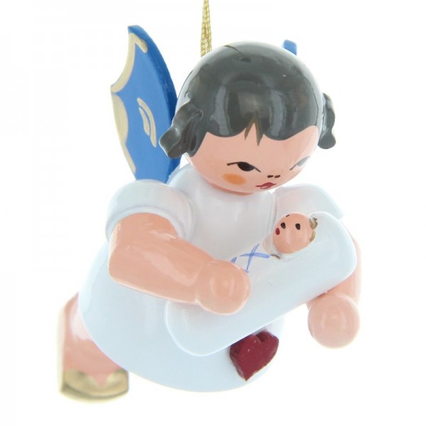 Uhlig Schwebeengel mit Baby Junge, blaue Flügel, handbemalt