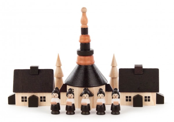 Dregeno Erzgebirge - Seiffener Dorf klein Kirche,2 Häuser,Mini-Kurrende (5), 2 Bäume