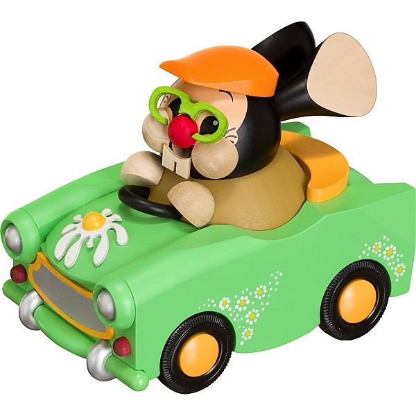 Seiffener Volkskunst Kugelräucherfigur Osterhase im Trabi