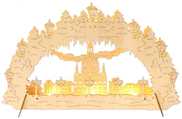 Restposten - Lichterbogen aus Holz - Motiv Frauenkirche Dresden für Batterie und Netzbetrieb LED-Beleuchtung 43x27cm