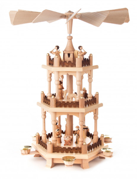 Dregeno Erzgebirge - Pyramide mit Christi Geburt, 2-stöckig, für Kerzen Ø 14 mm