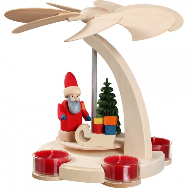 Seiffener Volkskunst Bogenpyramide mit Teelichte - Weihnachtmann mit Schlitten