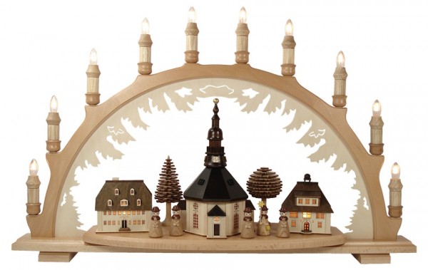 Lenk & Sohn Schwibbogen Erzgebirge 1-fach, 10-flammig Seiffener Kirche mit Kurrende natur