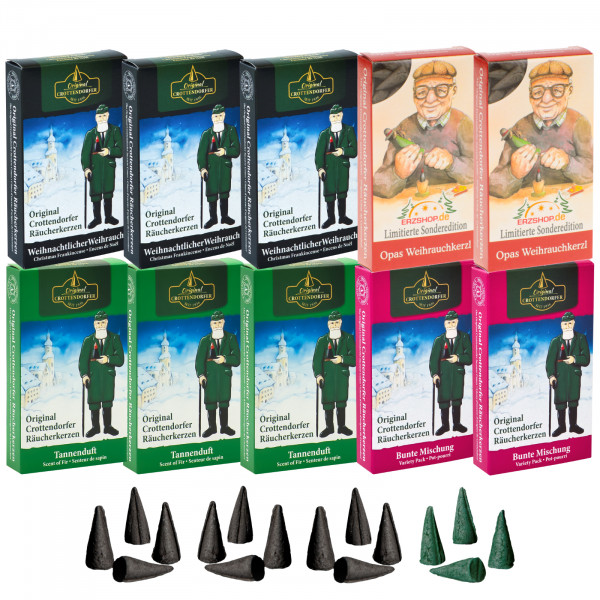 Original Crottendorfer Räucherkerzen Winterherz - 10 Schachteln - 3x Weihrauch, 3x Tannenduft, 2x Bunte Mischung, 2x Opas Weihrauchkerzl