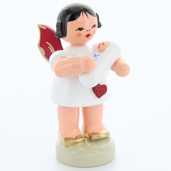 Uhlig Herzengel stehend mit Baby Junge, rote Flügel, handbemalt