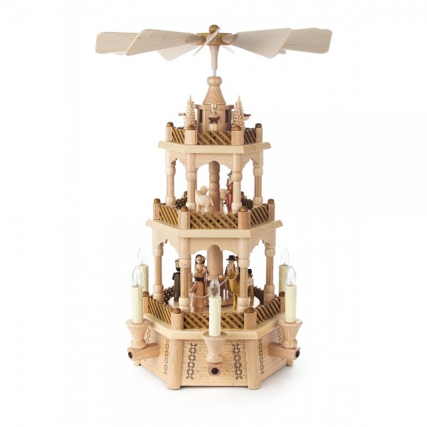 Dregeno Erzgebirge - Pyramide 3-stöckig mit Christi Geburt, Figuren natur, elektrisch - 45cm