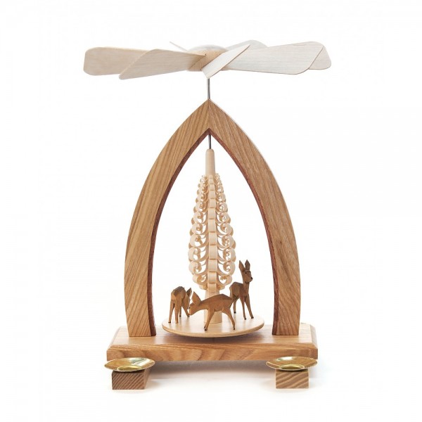Dregeno Erzgebirge - Pyramide mit Spanbaum und geschnitzte Rehe, für Kerzen - 25cm