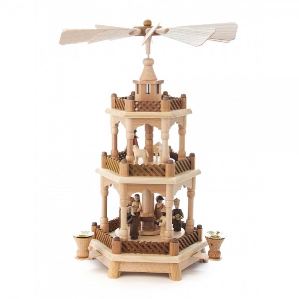Dregeno Erzgebirge - Pyramide 2-stöckig mit Christi Geburt, Figuren natur - 42cm