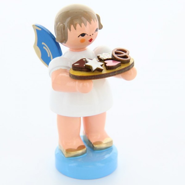 Uhlig Engel stehend mit Lebkuchenblech, blaue Flügel, handbemalt