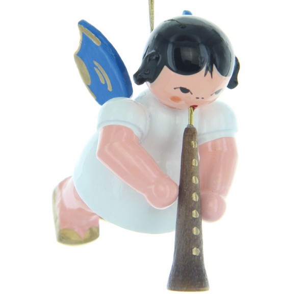 Uhlig Schwebeengel mit Oboe, blaue Flügel, handbemalt