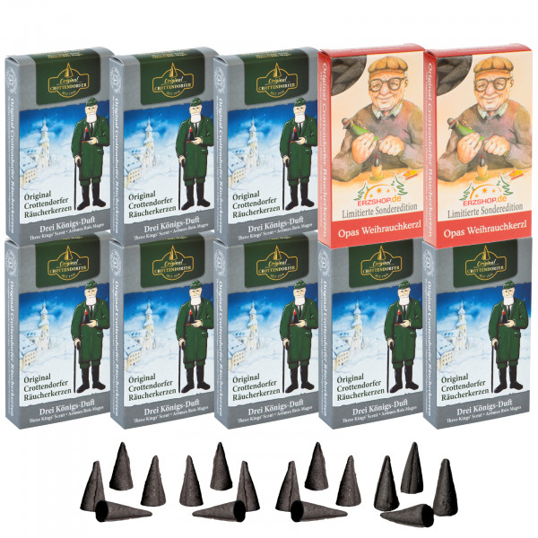 Original Crottendorfer Räucherkerzen Drei Königs-Duft - 10 Schachteln - 8x Drei Königs-Duft, 2x Opas Weihrauchkerzl