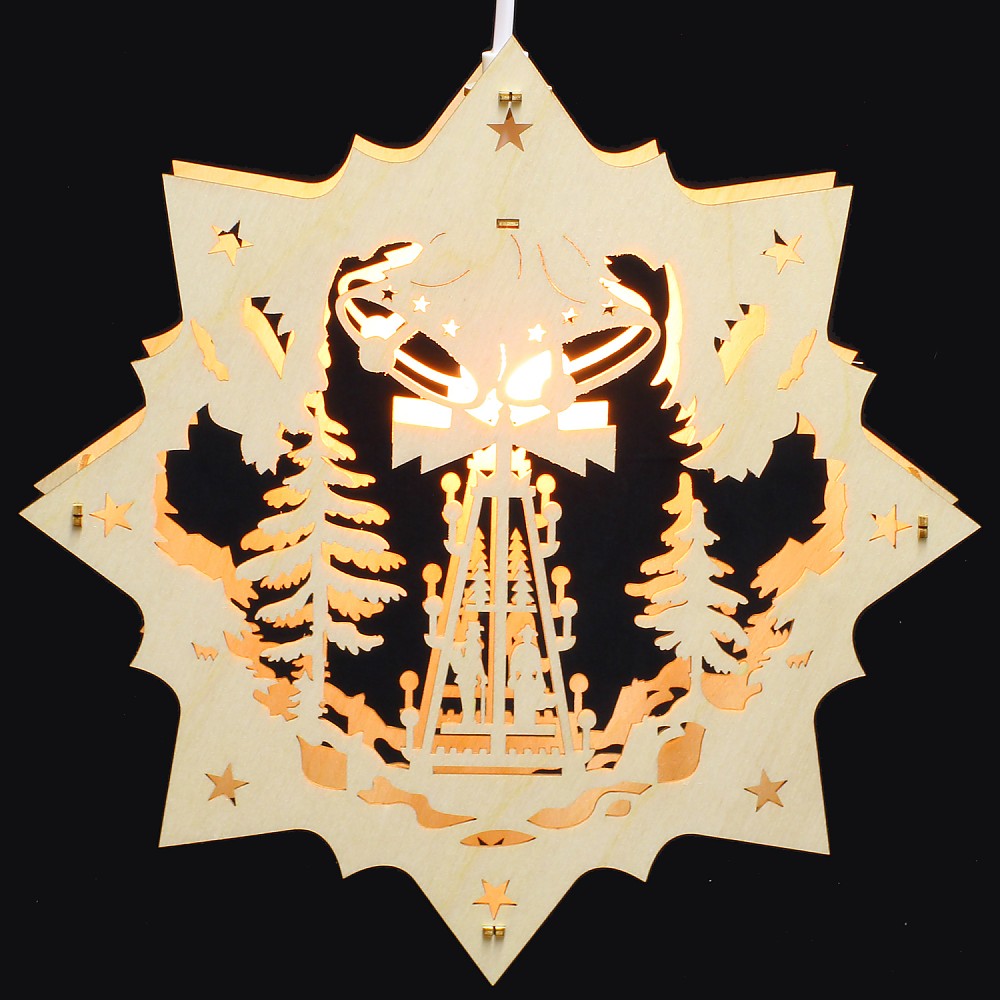 Fensterbild Erzgebirge beleuchtet - Motiv Weihnachtspyramide - 27cm