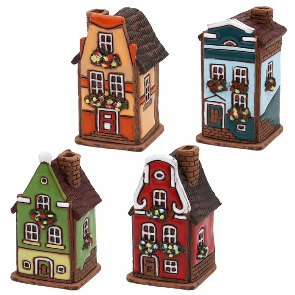Restposten - Keramik 4er Set Räucherhaus Stadthaus 4-fach sort. 5 x 4,5 x 8 cm