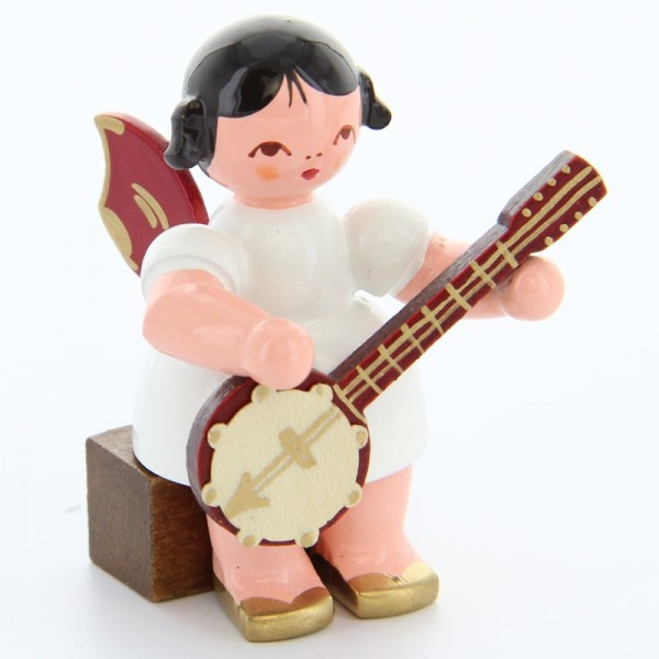 Uhlig Engel sitzend mit Banjo, rote Flügel, handbemalt