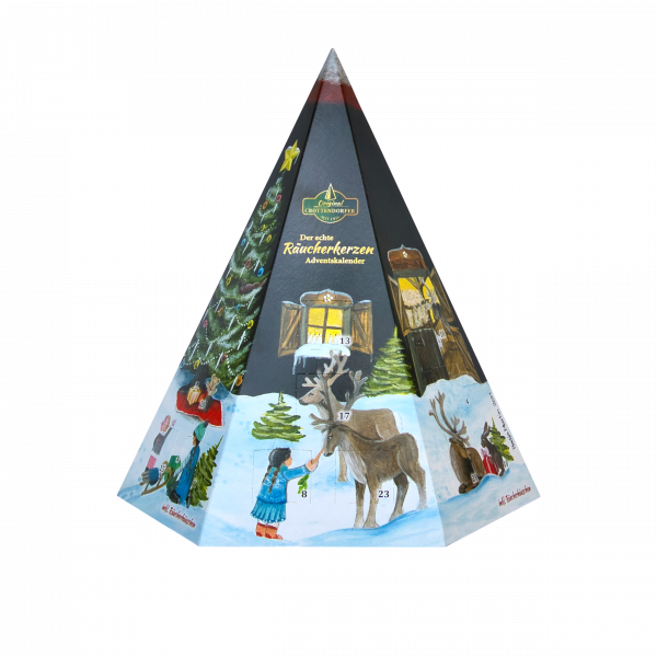 Der echte Räucherkerzen Adventskalender Pyramide mit 1 Räucherhäuschen aus Metall