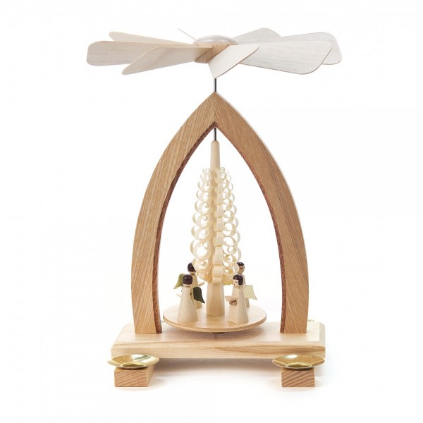 Dregeno Erzgebirge - Pyramide mit Spanbaum und Engel, für Kerzen - 25cm