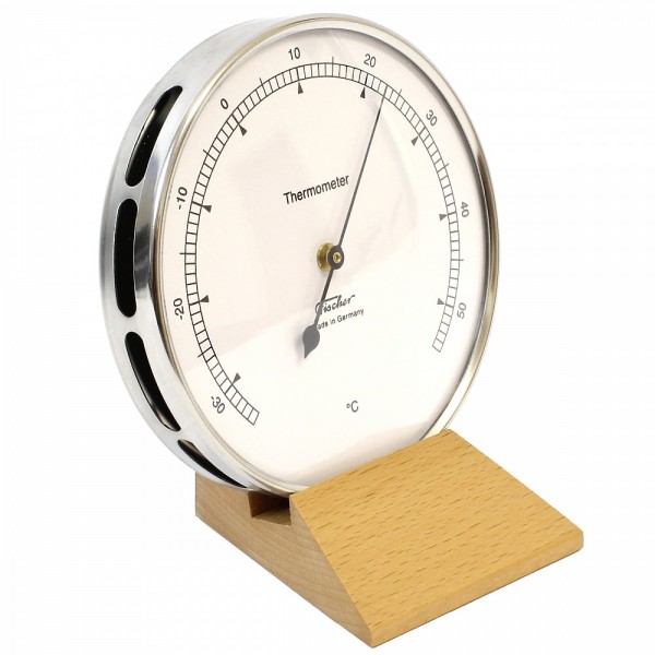 Fischer Präzis Thermometer im Edelstahlgehäuse mit Holzfuss Buche