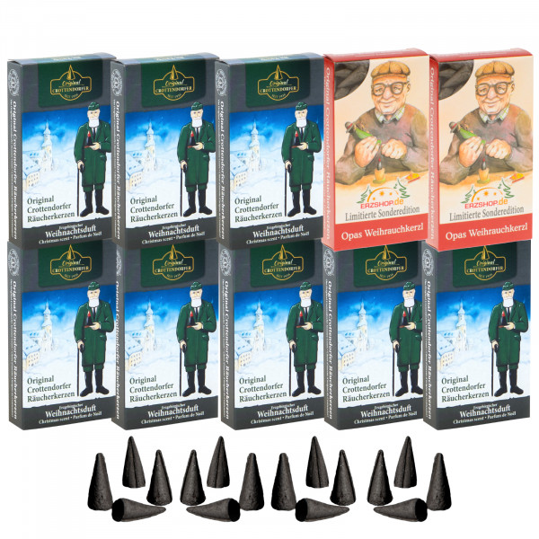 Original Crottendorfer Räucherkerzen Weihnachtsduft - 10 Schachteln - 8x Erzgebirgischer Weihnachtsduft, 2x Opas Weihrauchkerzl