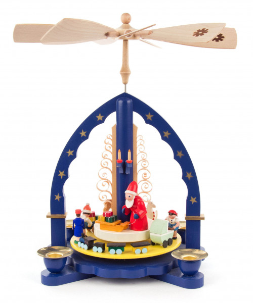 Dregeno Erzgebirge - Pyramide Weihnachtsbescherung blau, für Kerzen Ø 14 mm