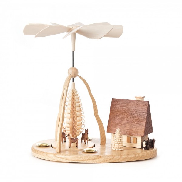 Dregeno Erzgebirge - Pyramide klein mit geschnitzte Rehe und Räucherhaus, für Kerzen - 25cm