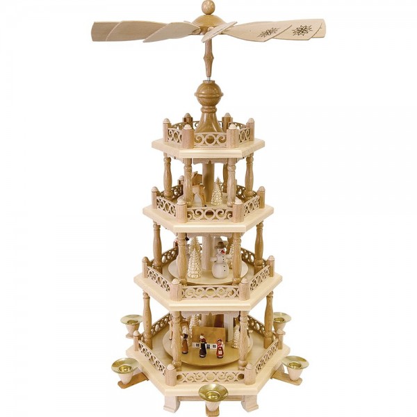 Richard Glässer Erzgebirgspyramide 3-stöckig Kirchdorf mit Barockzaun 57cm