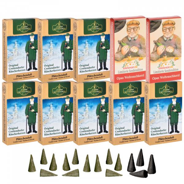 Original Crottendorfer Räucherkerzen Plätzchenduft - 10 Schachteln - 8x Plätzchenduft, 2x Opas Weihrauchkerzl