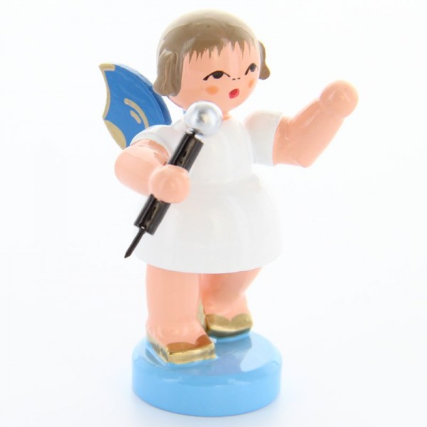 Uhlig Engel stehend mit Mikrofon, blaue Flügel, handbemalt