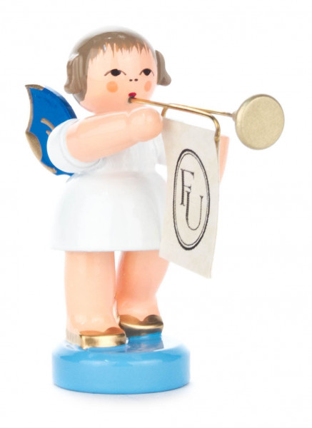 Dregeno Erzgebirge - Engel mit Fanfare stehend, blaue Flügel