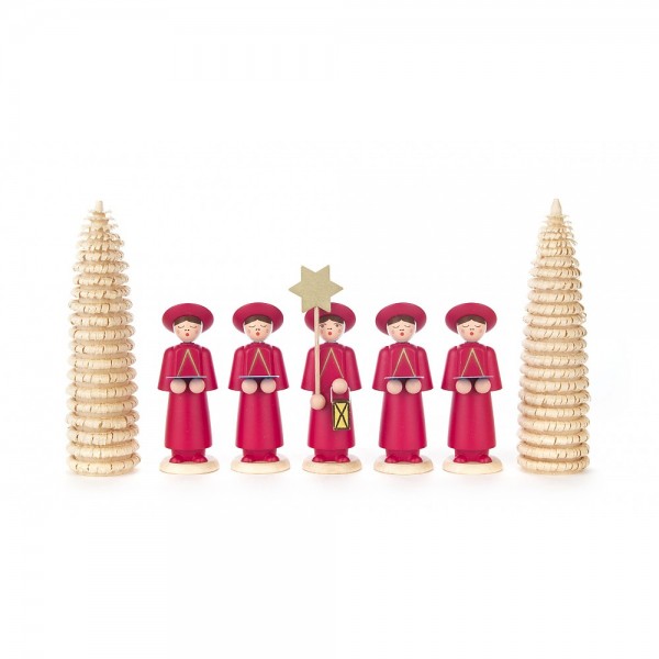 Dregeno Erzgebirge - Kurrendefiguren mit Ringelbäumchen, 7er-Gruppe, rot - 12cm