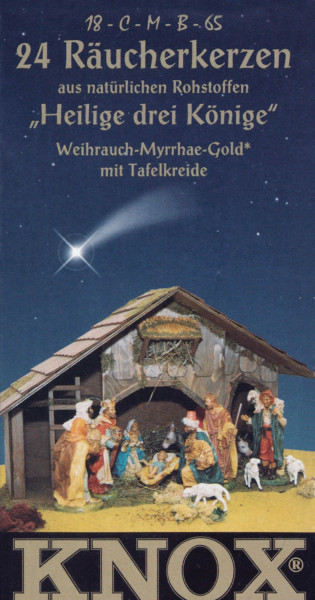 Dregeno Erzgebirge - KNOX Räucherkerzen »Heilige drei Könige« (Weihrauch-Myrrhe) (24), inkl. Glimmschale und Kreide