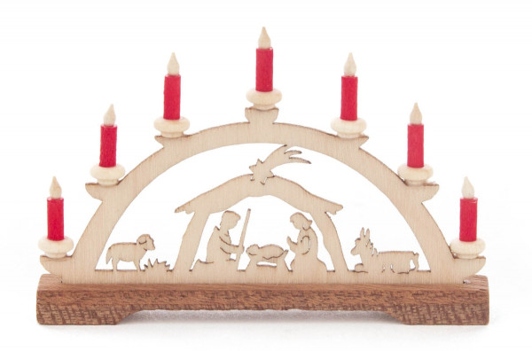 Dregeno Erzgebirge - Mini-Schwibbogen Christi Geburt, rote Kerzen